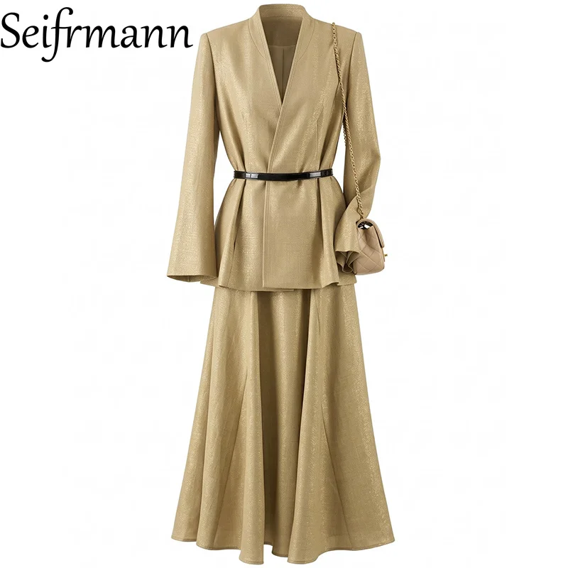 Seifrmann Solid color temperament two-piece v-neck long-sleeved suit top waist skirt suit 2026 autumn women's new style