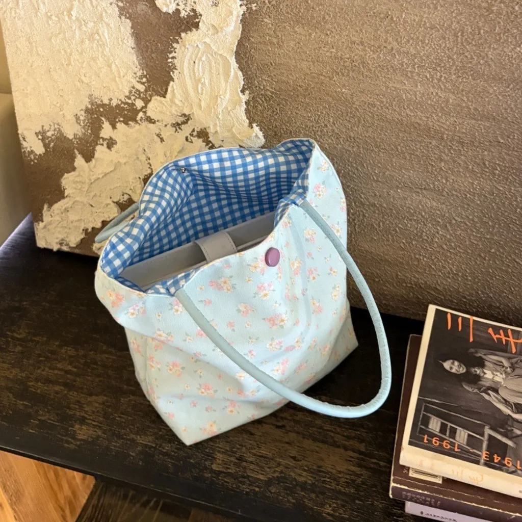 AB Double Sided Tote Bag Large Women Canvas Handbag Reversible Floral Check Print Bag for Daily Shopping Travel