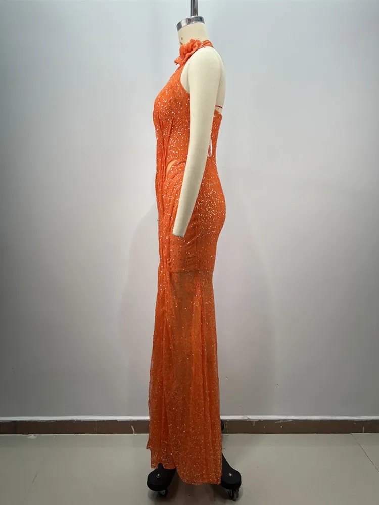 2024 Chicผู้หญิงคนดังเซ็กซี่Backless Halter Sequinsดอกไม้สีส้มMaxiยาวGownsชุดElegant Evening Party Club Vestido