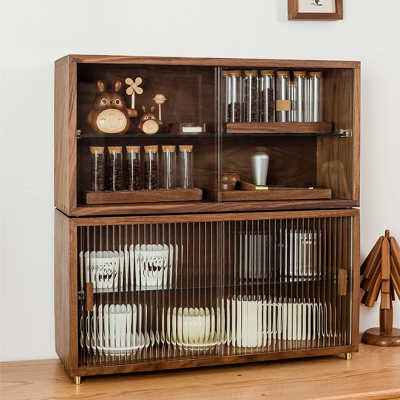 

Glass door desktop shelf medieval cup tea cup storage box black walnut solid wood tea set cup locker