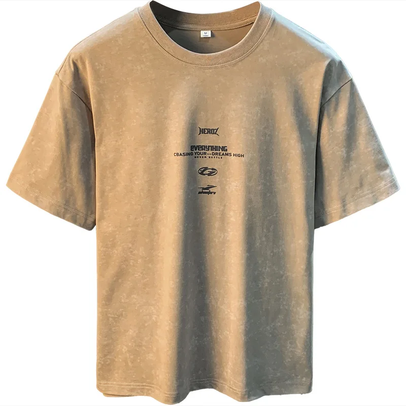 Khaki short sleeved T-shirt men's summer trend retro nostalgic loose trendy printed five quarter sleeved top
