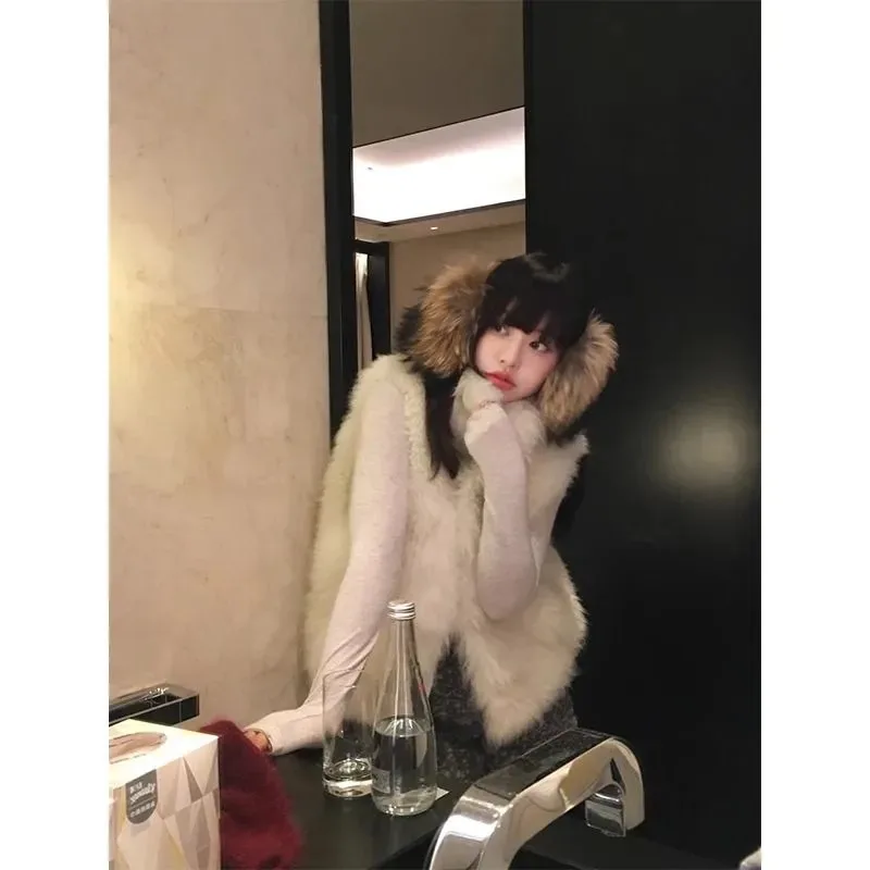 Women Spring Autumn Faux Fox Fur Vest Sleeveless Versatile Furry Gilet Outerwear