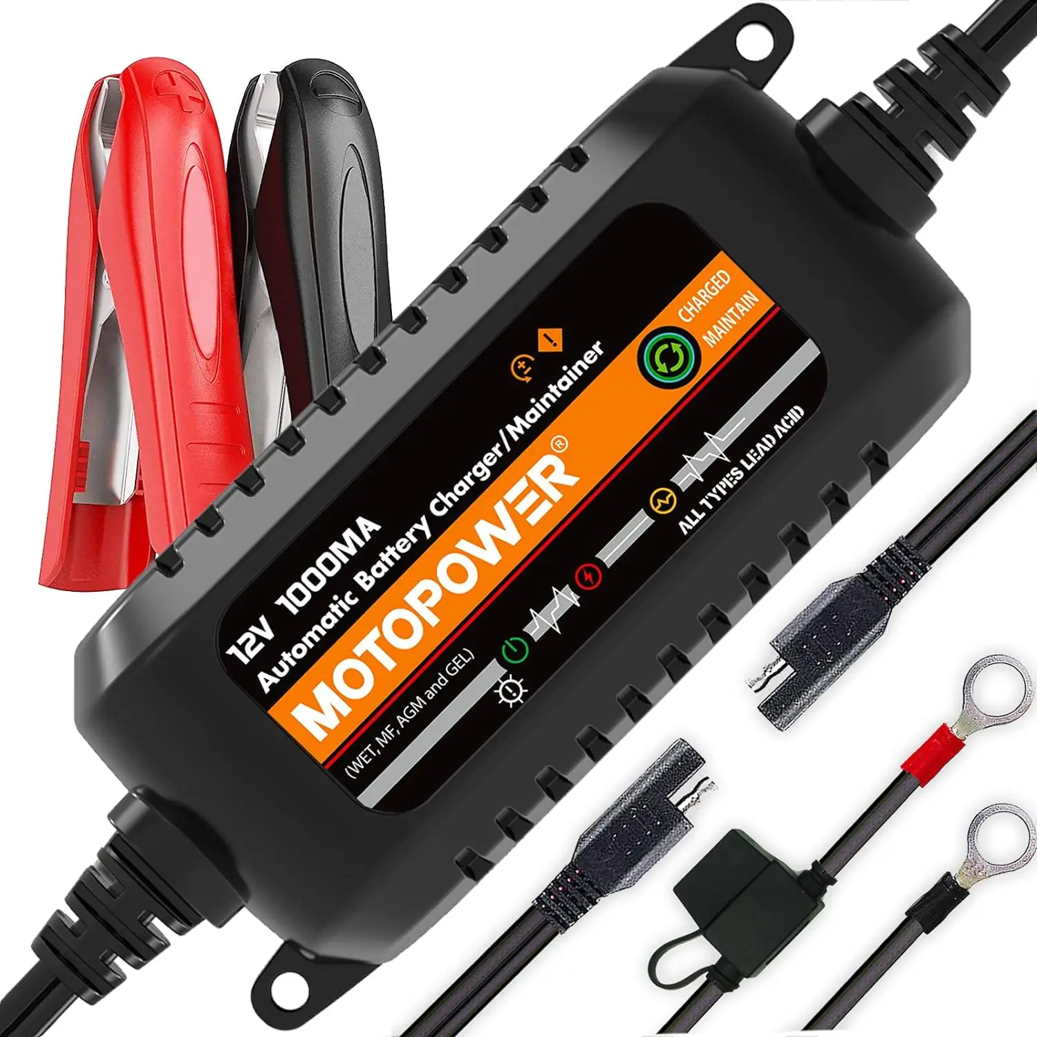 MOTOPOWER MP00205B-B 12V 1000mA Automatic Battery Charger, Battery Maintainer, Trickle Charger, and Battery Desulfator with Time