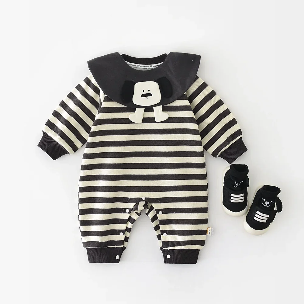 2025 Autumn Striped Baby Onesie Detachable Dog Collar 3d Applique Soft Cotton Infant Romper For 0-2y Baby Boys