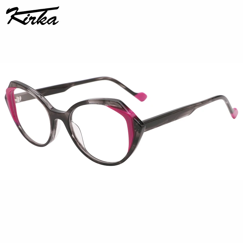 Kirka Female Acetate Gem Cat Eye Laminating Glasses Stripes Pattern Frames&Temples Optical Prescription Eyeglasses WD4261