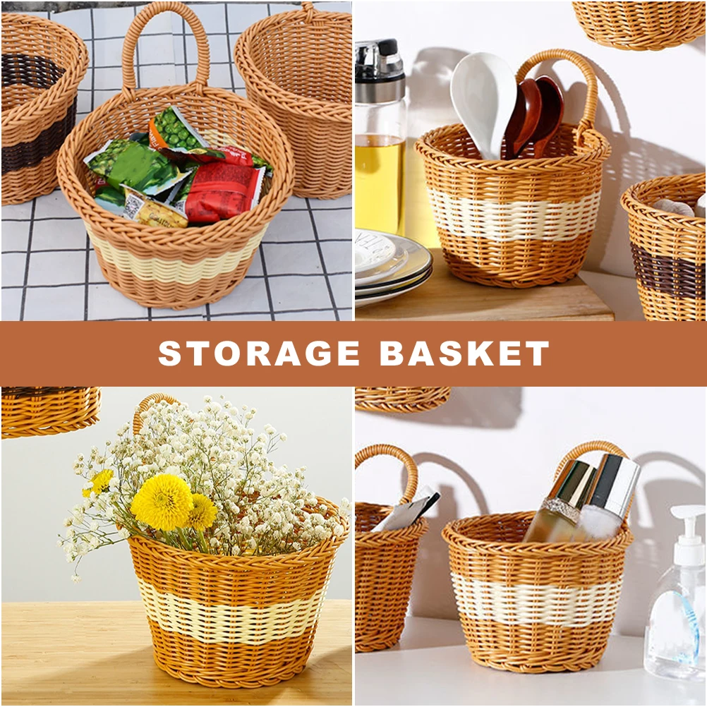 

Hanging Woven Storage Basket Wall Hanging Flower Basket Decorative Organizer Imitation Rattan Kitchen Bathroom Storage Pp