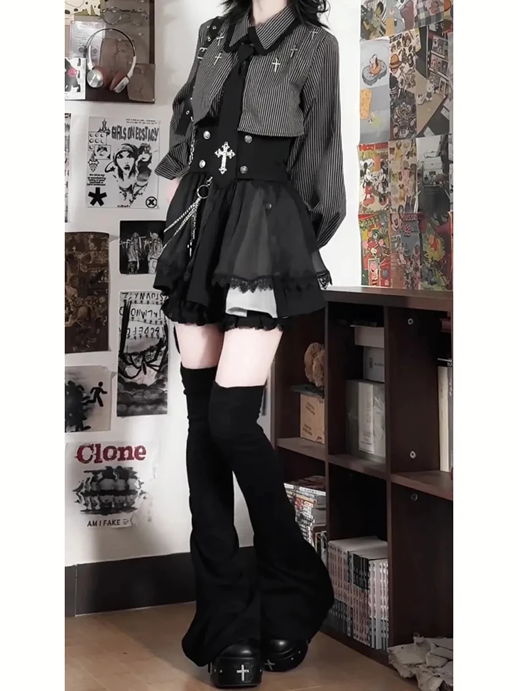 

Gothic Striped Dark Series Long Sleeve Women's Shirt Autumn 2025 New Design Irregular Skirt Set Casual Style Medium Thic...