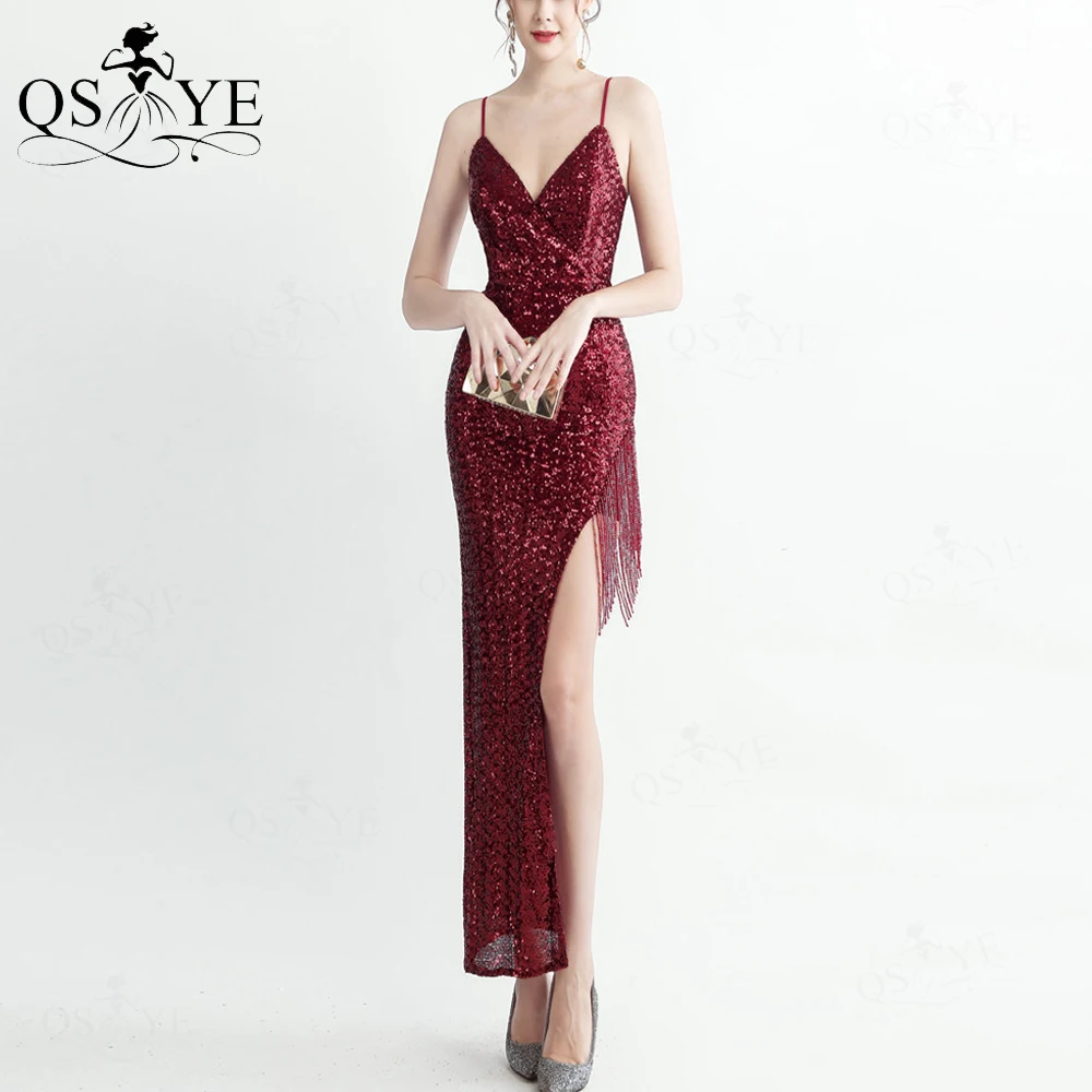 

Sexy Red Evening Dresses Pattern Sequin Beading Tassels Split Party Prom Dress Spaghetti Straps V Neck Woman Gown Ankel Length