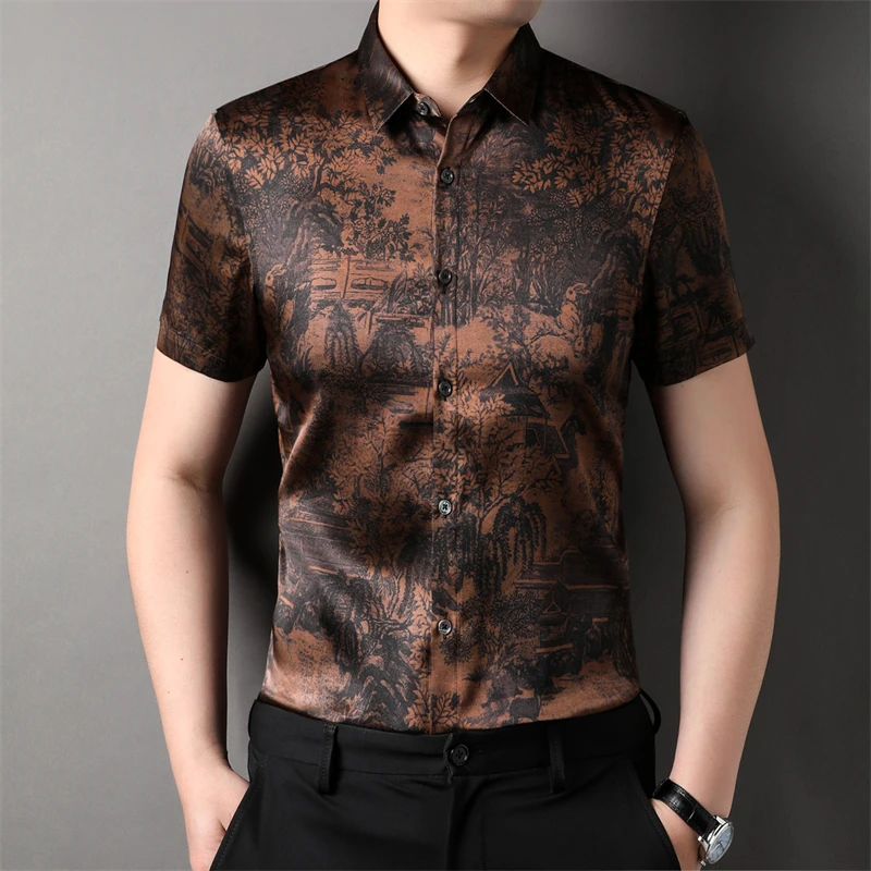 

Chinese Style Mulberry Silk Premium Men Shirt Short Sleeve Print Summer Quality Soft Comfortable Vintage Casual Camisa Masculina