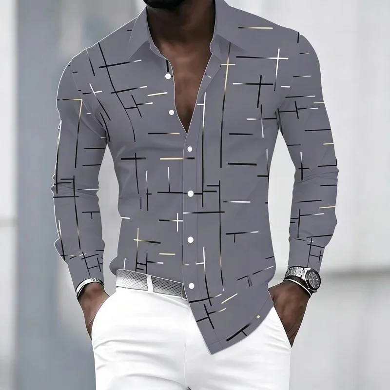 Men's Collared Shirt, Simple Geometric Cross-Line Print, Slim Fit Long-Sleeved Top for Evening Parties, Dates, and Outings.
