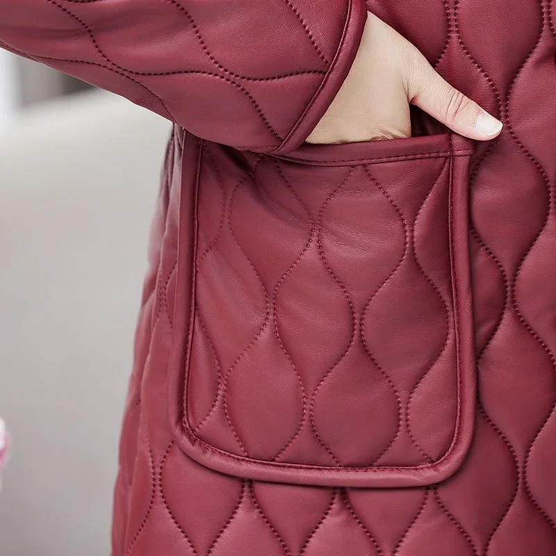 Pop High Quality Washed Leather Plush Thick Mother's Leather Cotton Jacket 2025 Winter New Mid Long Women's Jacket Quilted Jacke