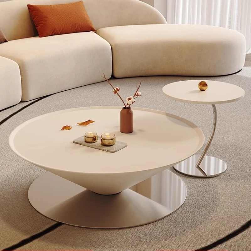 Italian minimalist saucer coffee table, C-shaped side table, designer's new wabi-sabi cream style living room round coffee table