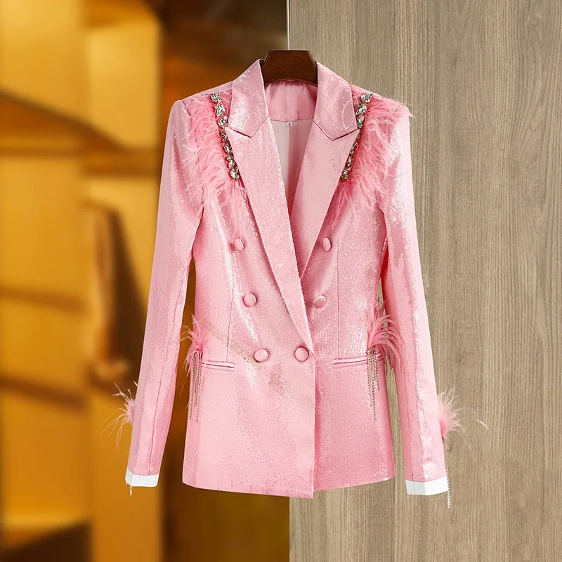 Autunno inverno splendido Costume rosa scintillante paillettes piuma Patchwork pietre fantasia giacche da festa di lusso da donna blazer da donna