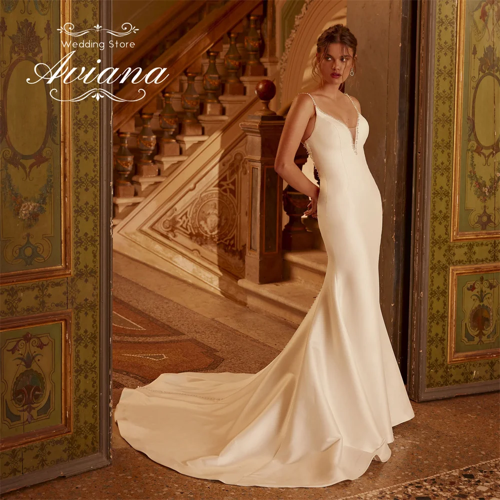 

Aviana Customized V-Neck Button Mermaid Wedding Dress Spaghetti Strap Spraking Sleeveless Sweep Train Sequin Beading Pearls