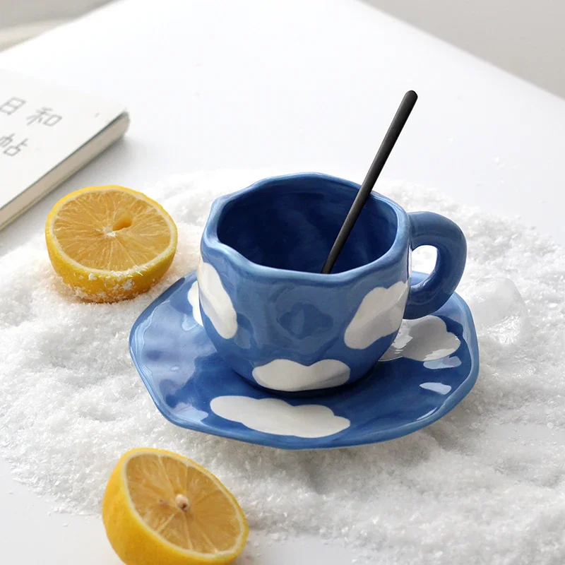 Japanese Hand Painted The Blue Sky and White Clouds Coffee Mug with Saucer Ceramic Handmade Tea Water Milk Cup Cute Gift for Her