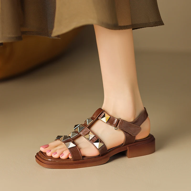

Genuine Leather Studded Slingback Heel Rivet Women's Sandals With Adjustable Ankle Buckle Roman Pumps Heels Sandals