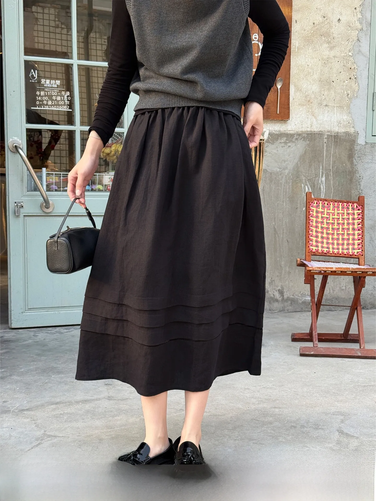 

Black Umbrella Skirt Women's Loose Mid-Length Spring 2026 Fashion Simple Stylish Elastic Waist Half-length Skirts