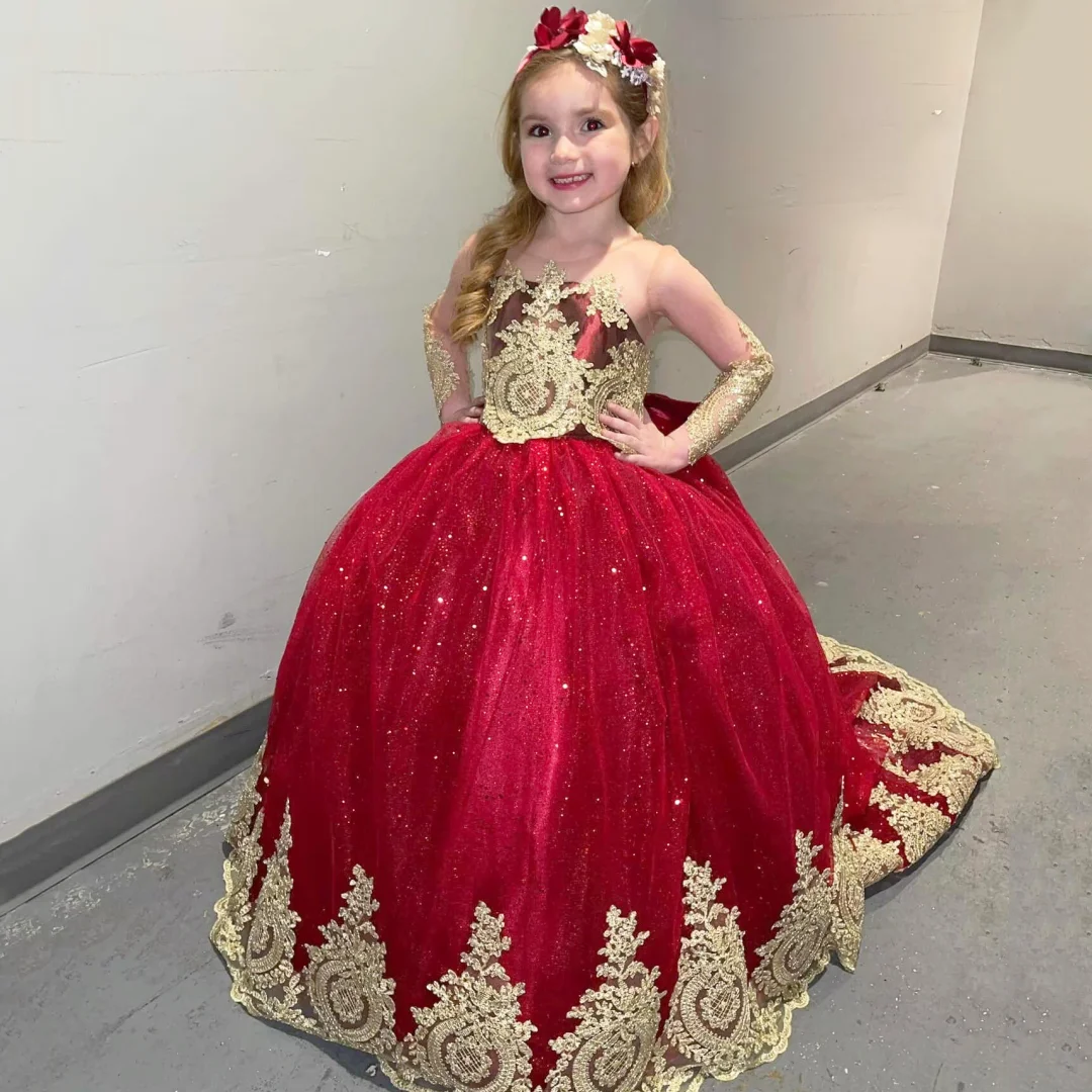 

Customized Red Flower Girl Dress Gold Floral Appliques With Bow Long Sleeve For Wedding Birthday Party Banquet Princess Gown