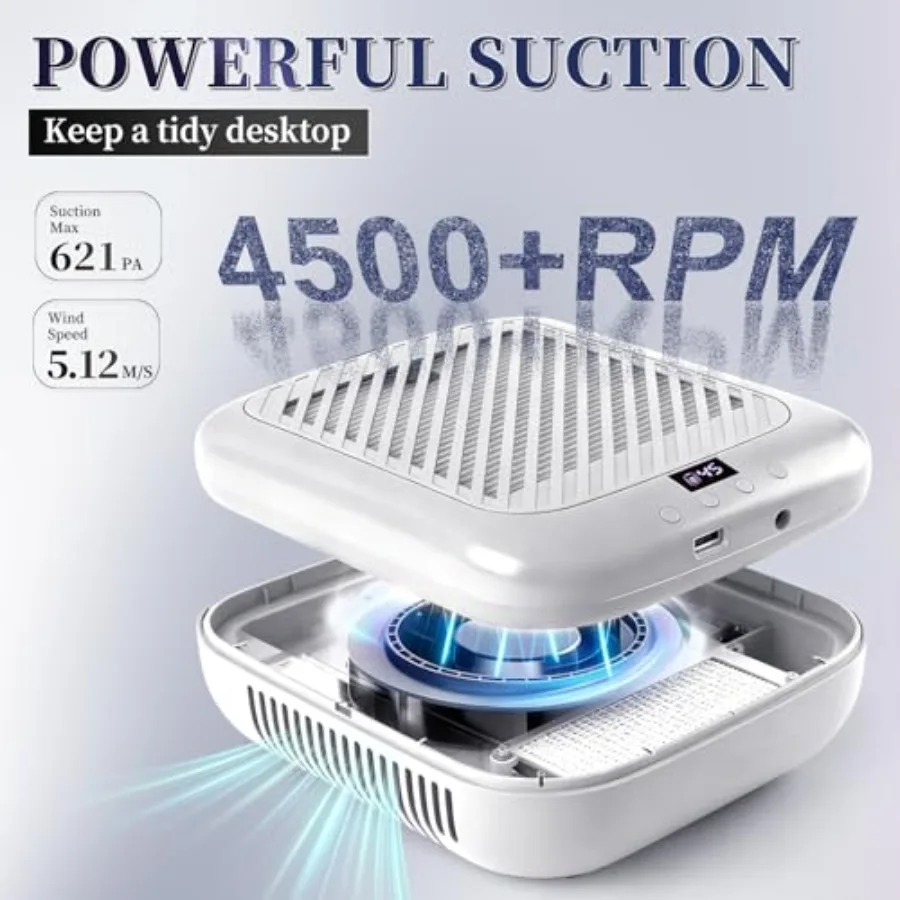 Rechargeable 4500RPM Nail Dust Collector with Brushless Motor and 3 Suction Modes White Easy-Control Vacuum Extractor for Home