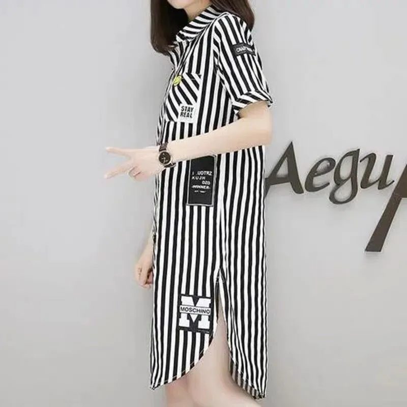 Fashionable Large Size Fat Cover Belly Show Thin Vertical Stripe Dress for Women 2023 Summer New Women's Loose Shirt Skirt