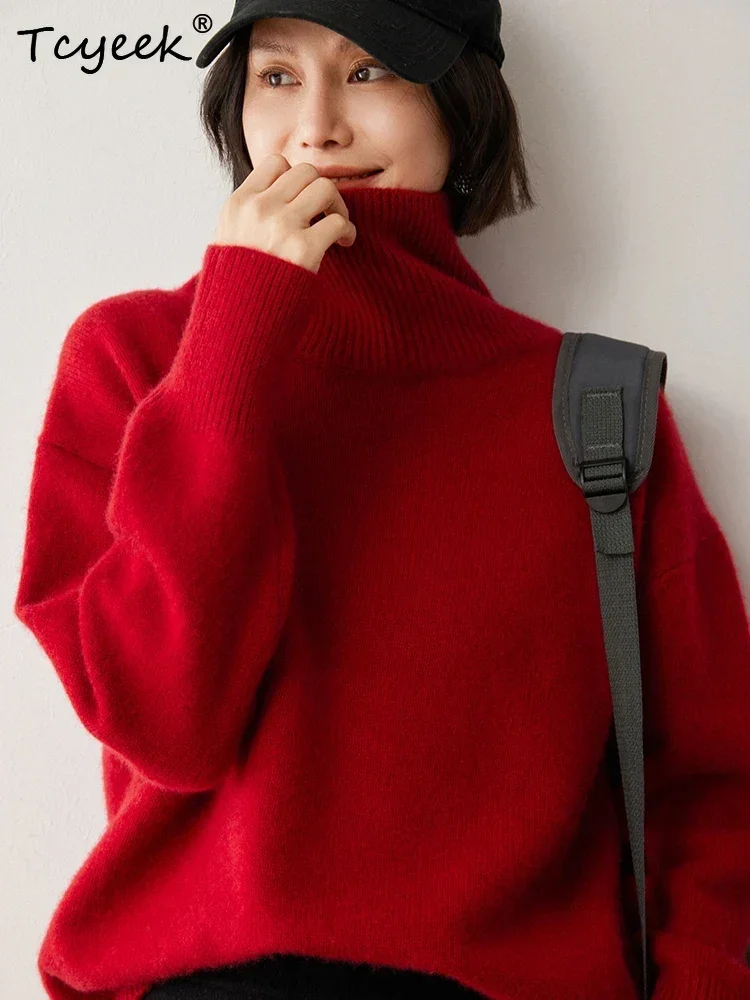 Tcyeek Women Sweater Autumn Winter Pullover 100% Cashmere Sweater Warm Turtleneck Versatile Knit Long Sleeve Christmas Festival