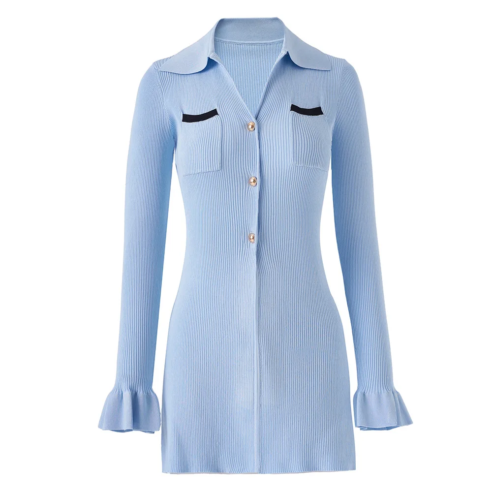 

Новый французский кардиган с воротником-поло, синий, в стиле пэчворк, с эффектом утяжки на талии, с разрезами, длинными рукавами, вязаный, эластичный, с эффектом стройности.