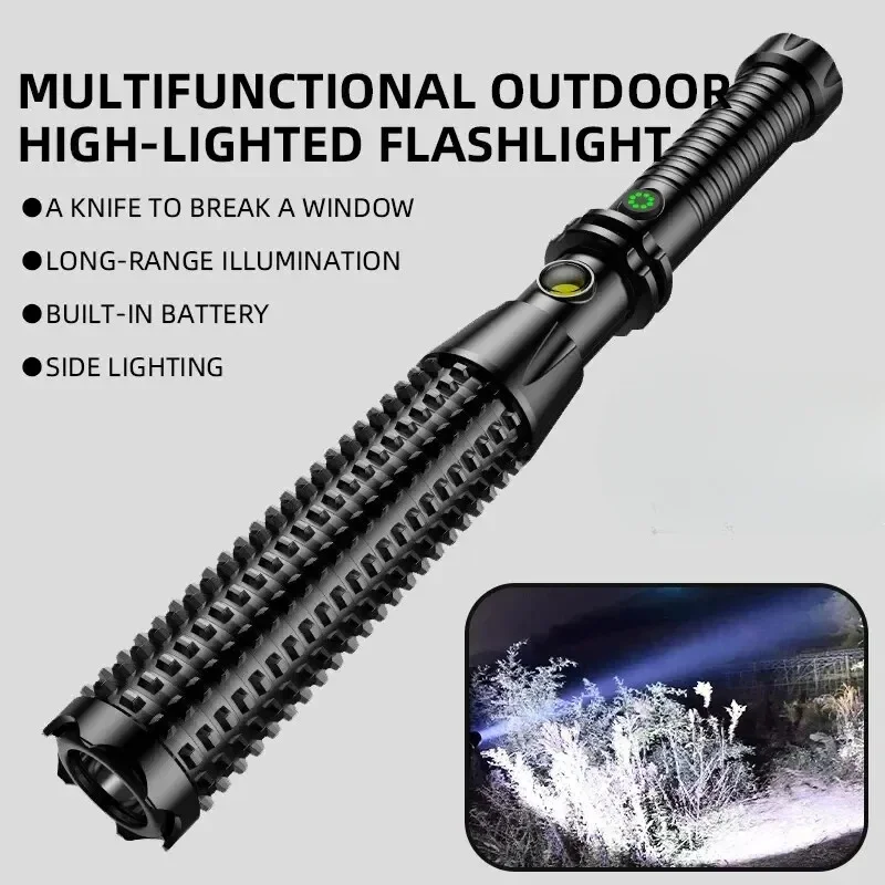 Self-defense Flashlight Window Breaker Hammer USB Rechargeable Super Bright Torch 4 Speed Adjustable Outdoor Emergency Work Lamp