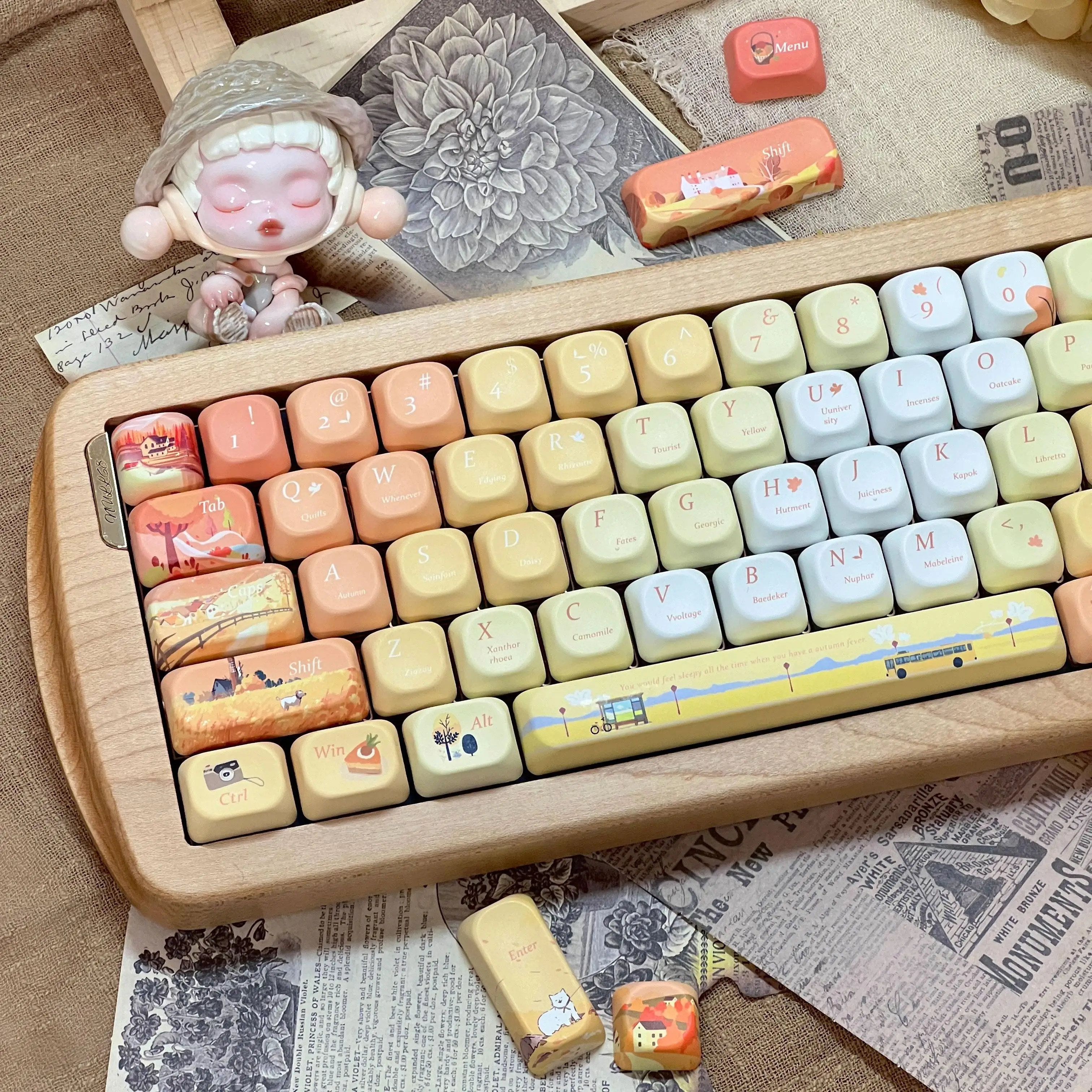 Taqiufeng Cherry Moa Pbt Full Five-Sided Thermal Sublimation Autumn Orange Side Engraved Rounded Gradient Color Diy Keycap