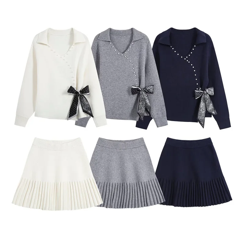 Guobioziy Women's Set 2026 Early Autumn New Casual High-End Versatile Long Sleeve Heavy-Duty Beaded Bow Pleated Skirt Knit Set
