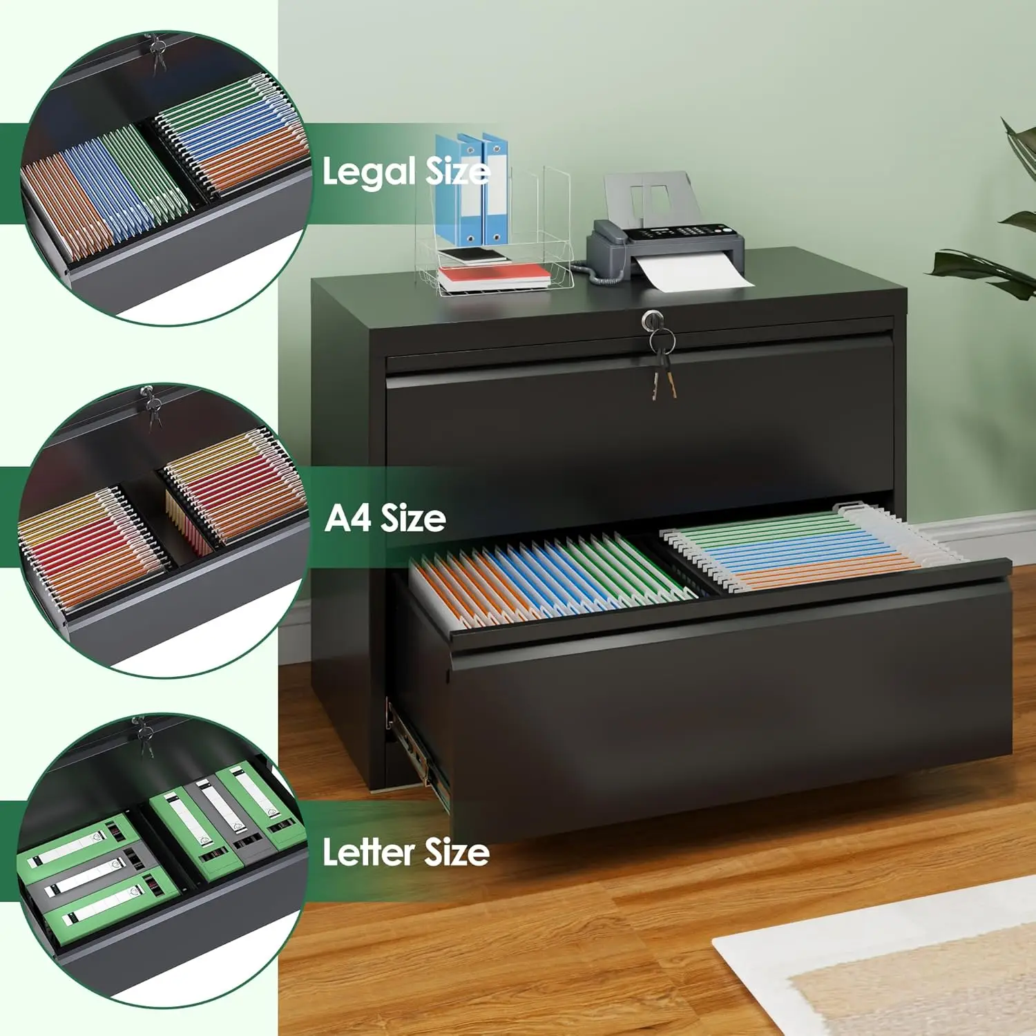 2 Drawer Wide Lateral File Cabinet, Metal Filing Cabinet with Lock, Suitable for Home Office School Hanging Files Letter/Legal/F