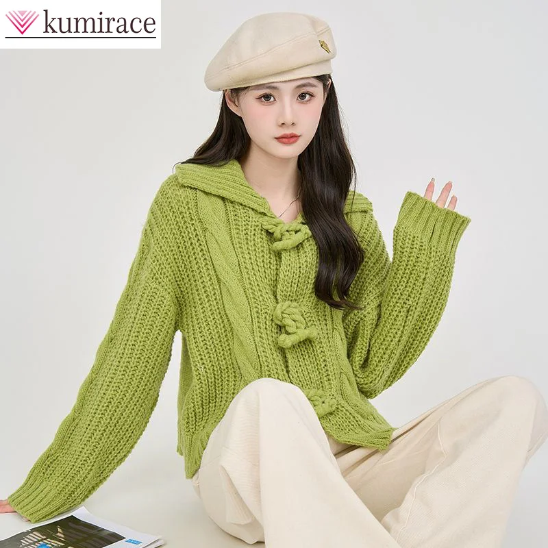 Xanh Oxhorn Nút Cardigan Dệt Kim Nữ Thu Đông 2022 Thời Trang Hàn Quốc Mới Sang Trọng Áo Len Dệt Kim Hàng Đầu