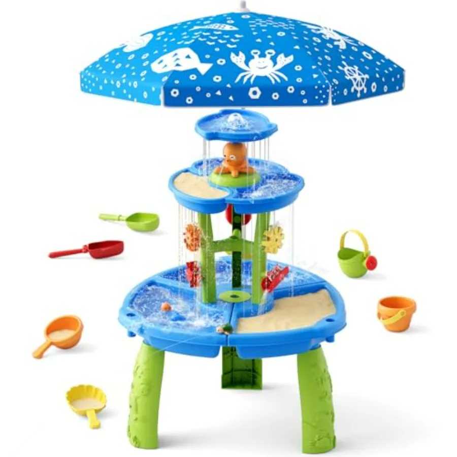 

Water Table for Toddlers 3-5, 3-Tier 6 Zones Water Sand Table with Umbrella, Rain Showers Splash Pond Toys for Outdoor Beach Ba