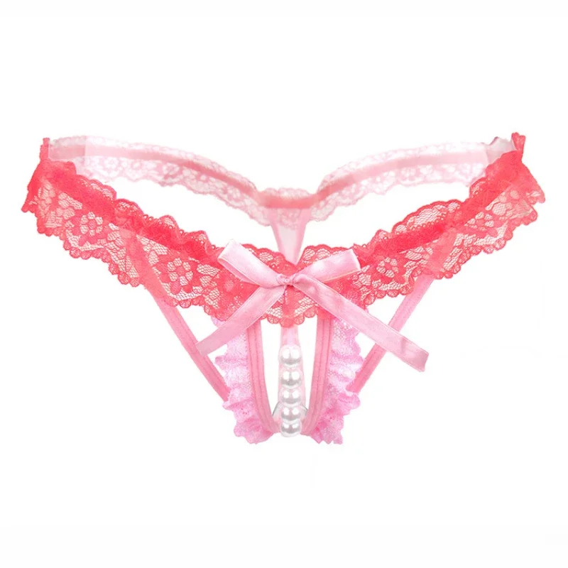 Fashion Pearl Decoration Women's Lace Sexy Thong Bow Style Open Top Luxury Girls' Underwear Sexy  Panties  Women Holiday Gifts