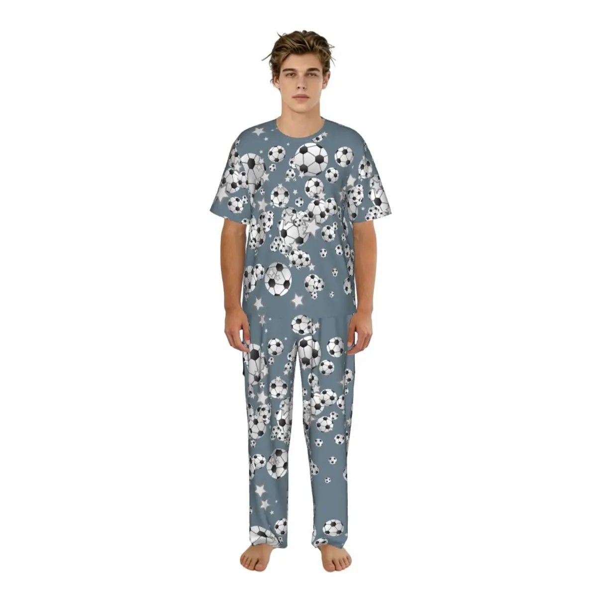 

Men Pajamas Suit Short Sleeved Long Pants Funny Soccer Balls And Stars Sleepwear Summer Home Clothing Set