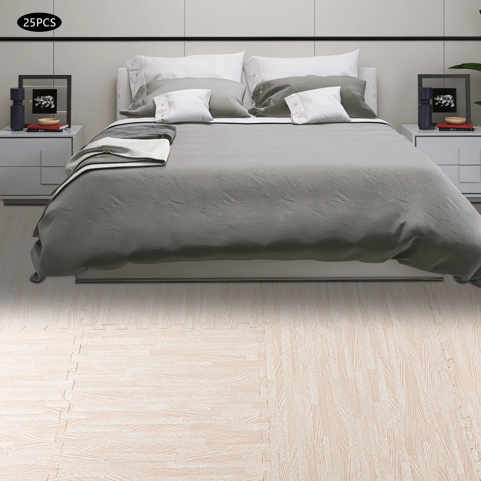 

10mm Printed Foam Floor Tiles with White Wood Grain Pattern, 25pcs Set Non-Slip Puzzle Tiles for Kids Room (60x60cm Each Tile)