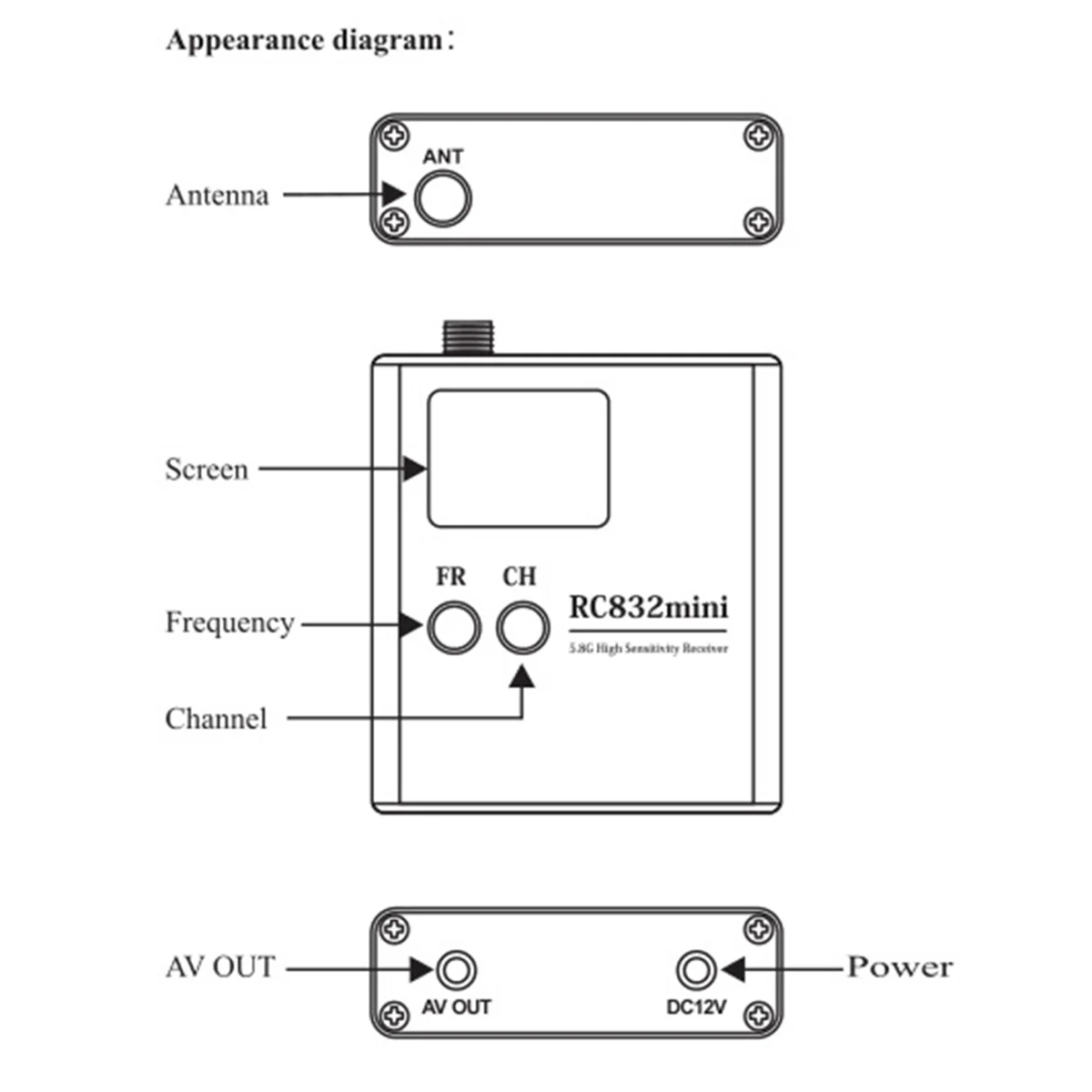 RC832Mini 4.9-5.8G 56CH High Sensitivity Receiver Wireless Receiver with A/V and Power Cable for FPV Multirotor YDH