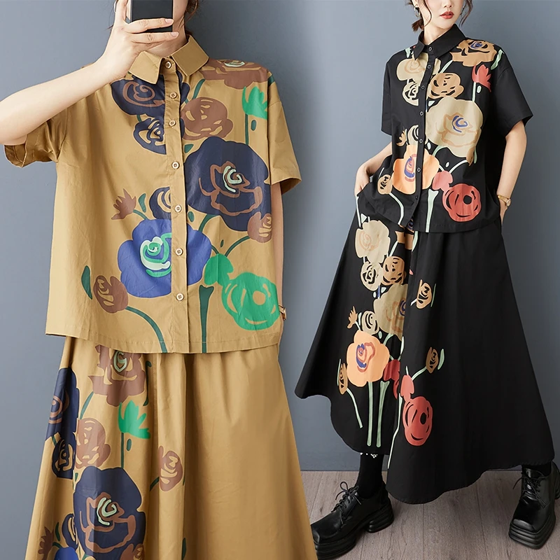 

Эластичная юбка с цветочным принтом в стиле ретро, большие размеры, модный корейский повседневный комплект на пуговицах с хлопковым воротником