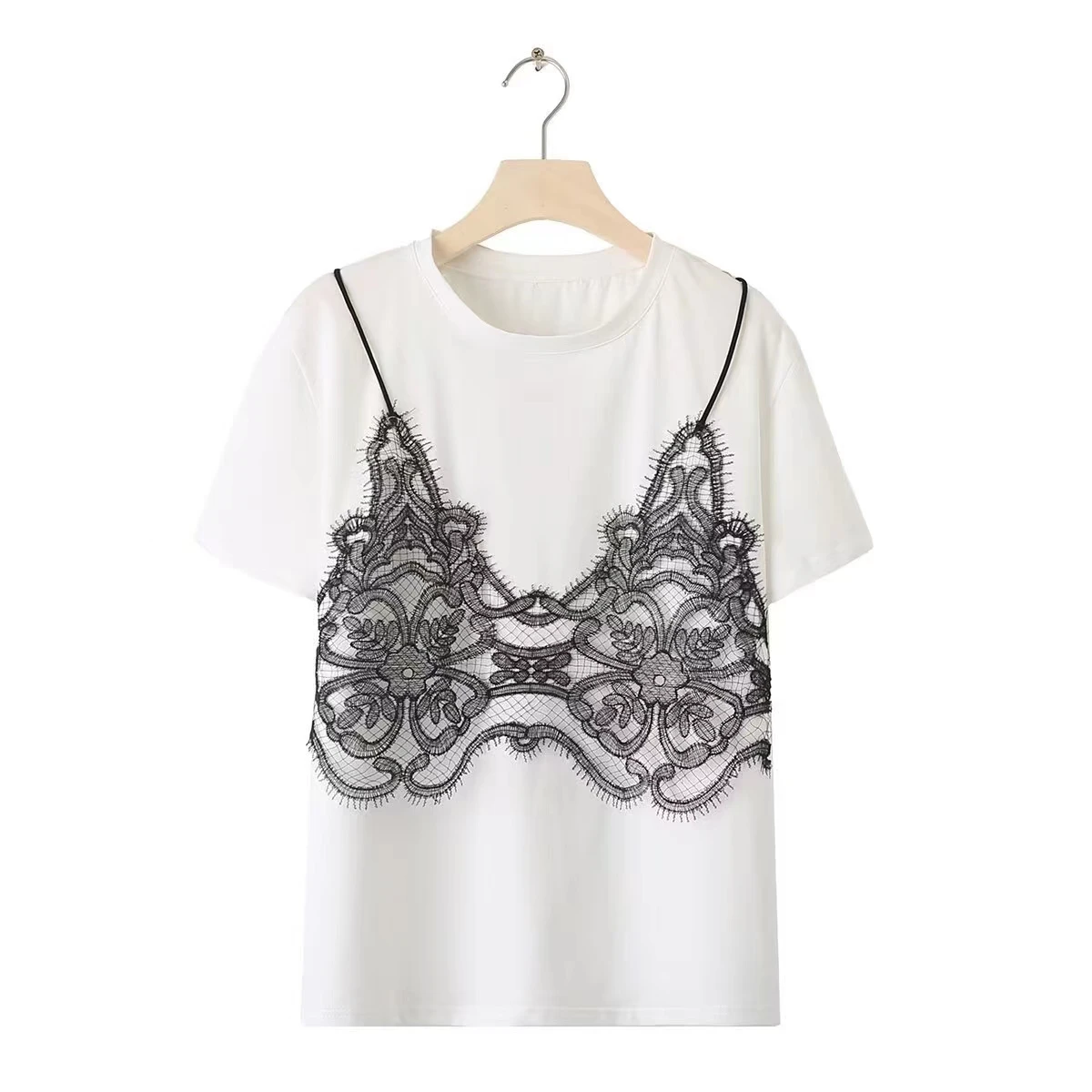 

2024 New Summer Women's Fake Two-piece Chest Lace Stitching, Chic Fashion Blouse Ladies, Women's Short-sleeved Casual T-shirt