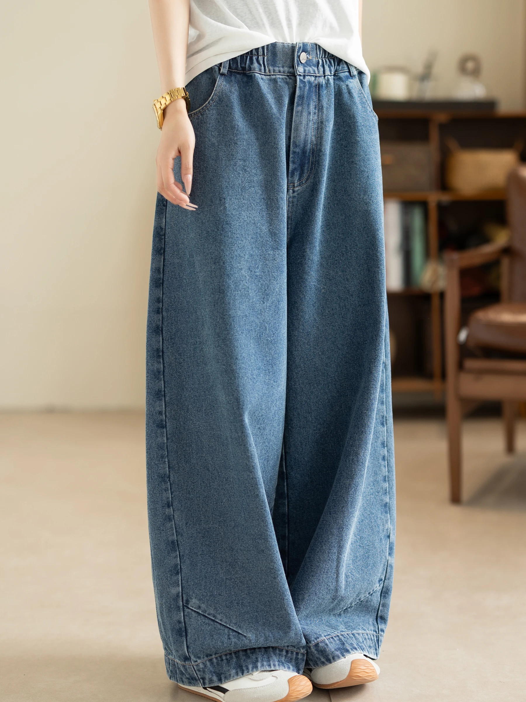 

High Waist Drapey Wide Leg Jeans Women's Casual Loose Slimming Elastic Waist Spring Autumn Long Pants Cotton Splicing