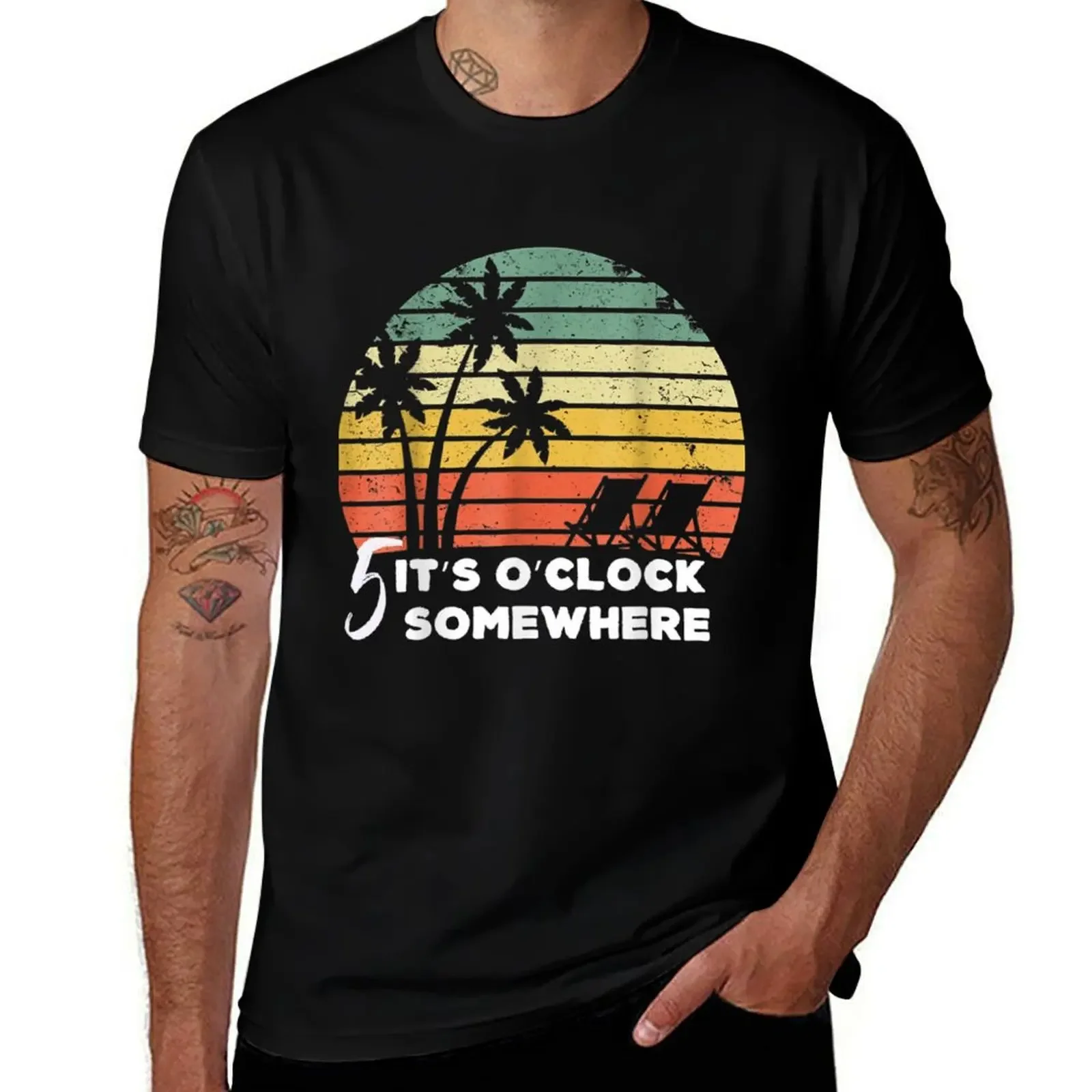 

It's 5 O'Clock Somewhere Beach Palm Tree Retro Sunset T-Shirt graphic tee shirt sublime men clothes