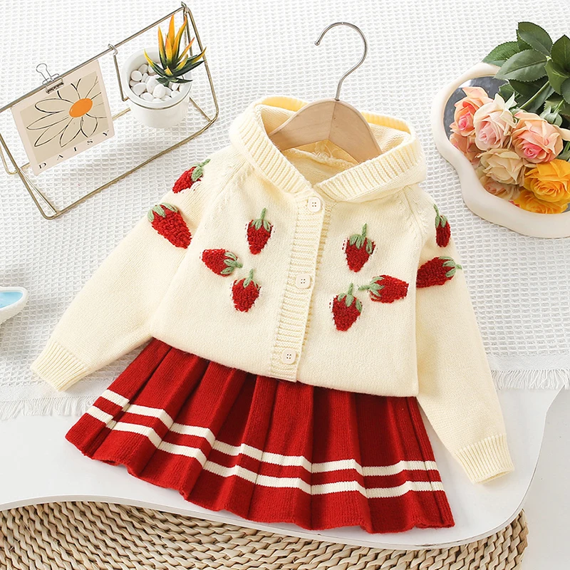 2025 New Autumn Winter 2-6Yrs Baby Girls Clothing Set Long Sleeved Knitted Hooded Cardigan+Skirt Kids Knitted Clothing Suit