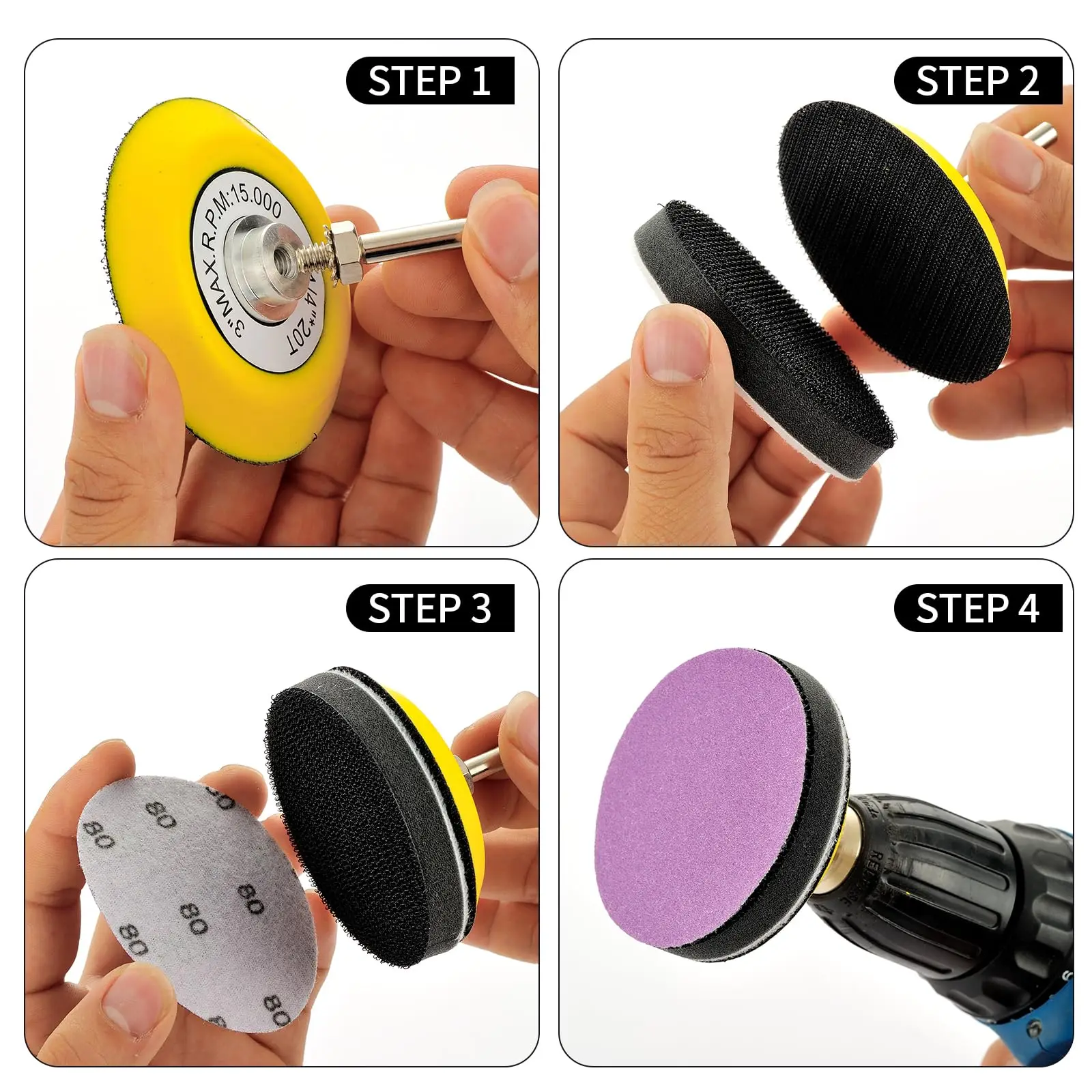 Hook and Loop Lixa para Polir e Lixar Madeira, Interface Pad, 1/4 Shank Backing Plate, Roxo, 3 ", 45 Pcs