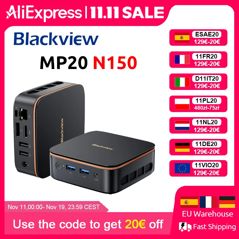 [Estreno mondiale] Blackview MP20 NUOVO Mini PC Windows 11 PC Intel N150 16 GB (supporto massimo 32 GB) DDR4 512 GB SSD 4K UHD WIFI 6 BT5.2