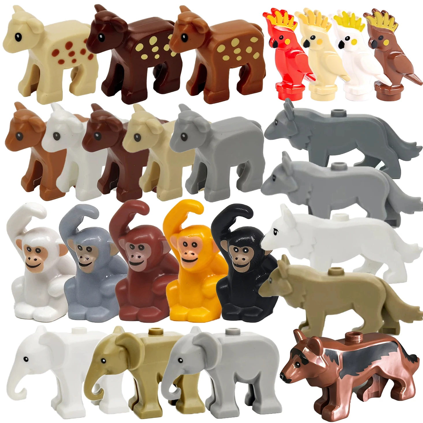 Blocs de construction Animaux Sauvages : Agneau, Perroquet, Flamant rose, Loup, Singe, Chimpâne, Chien, Oiseau, Cacatua - Jouets en Briques pour Enfants - Cadeau