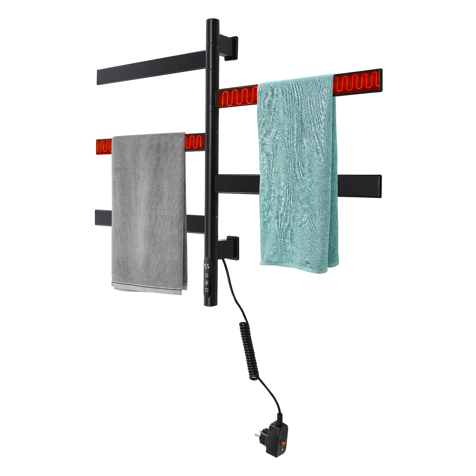 Sèche-serviettes rotatif 5 barres 120 W 180 °   Charge pivotante 10 kg IPX5 étanche, 30-70 ℃   Chauffage en fibre de carbone avec écran tactile LED