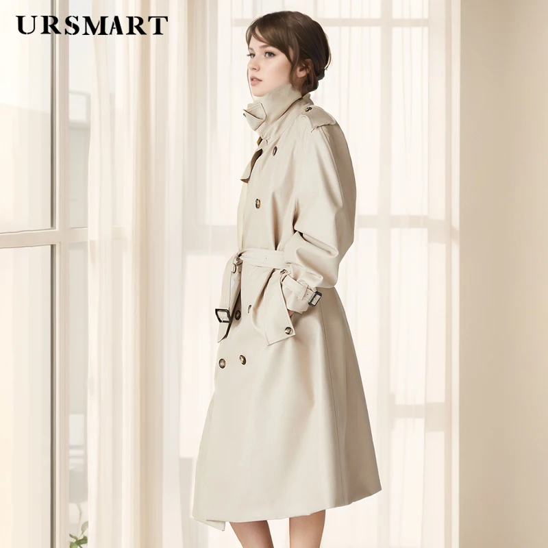 Long Beige Women's Trench Coat – British Fashion Double-Breasted Waist-Cinching Tailored Cotton-Polyester Windbreaker