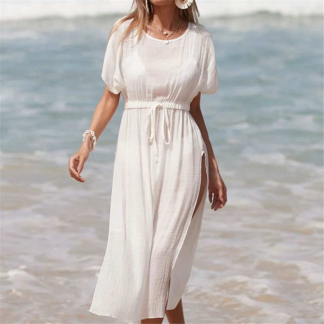 Sexy Short Sleeve High Split Crochet Knitted Tunic Beach Cover Up Cover-ups Beach Dress Beach Wear Beachwear Female Women V5617