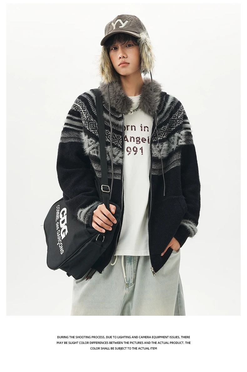 2025 New American Retro Autumn Winter Sweater Stylish Men's Youth Trendy Hooded Knitted Cardigan Jacket Couple Matching