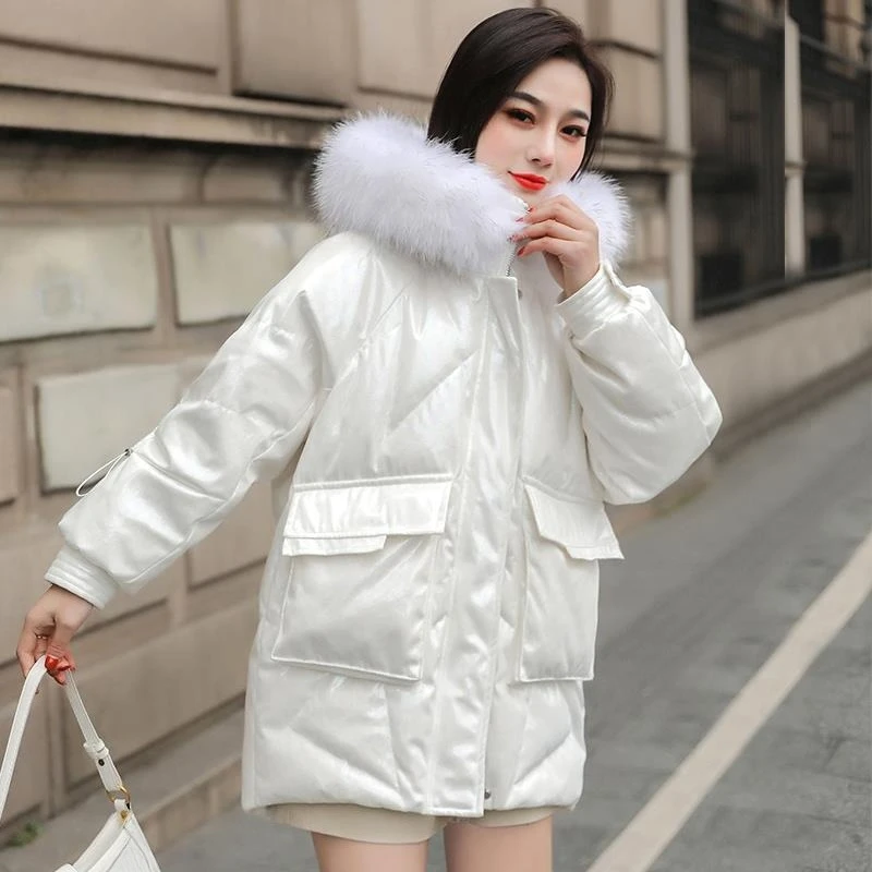 

Warm Trendy Korean Design Mid Length Cotton Jacket for Women Loose Fit Bright White Winter Coat