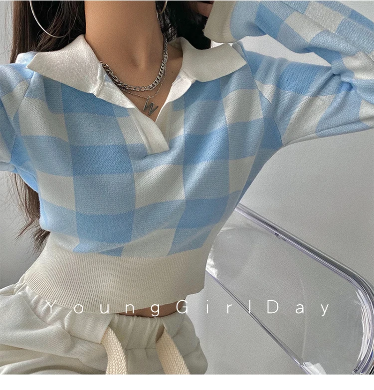 Plaid Lapel Short Knit Pullovers Women Spring Fall American Casual Slim Long Sleeve Sweaters Tops 4 Colors